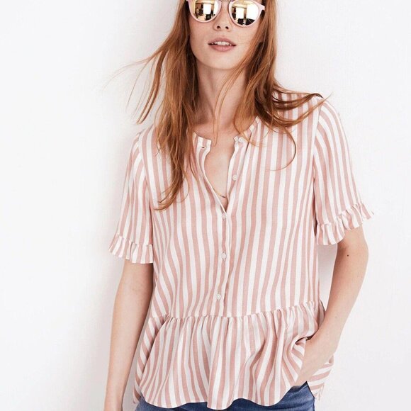 Madewell Tops - Madewell Studio Ruffle-Hem Top in Cecilia Stripe‎ Size Xs Peplum Buttons Viscose